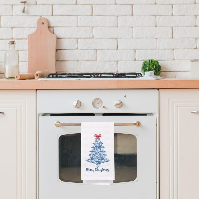 SPBL&L Merry Christmas Tree Kitchen Towels, Blue and White Chinoiserie Hand Towels for Bathroom, Red Bow Dish Towels, Kitchen Bathroom Decor, 16x24 Inch - Image 2